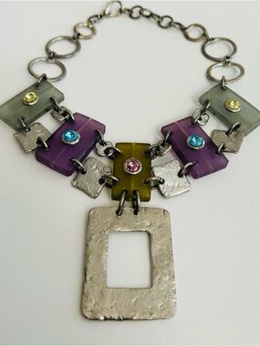 Designer Signed J. Jansen Modernist Artisan Multicolor Geometric Necklace